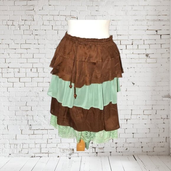 Boho Upcycle Layer Skirt Lace Brown Green - Picture 1 of 4